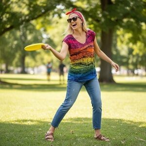 Upcycled Hand Dyed Rainbow Cap Sleeve Graphic Line Tee size small